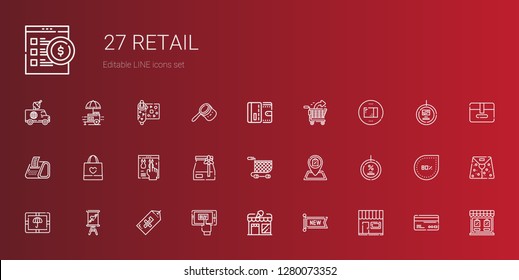 retail icons set. Collection of retail with store, new, mobile shopping, tag, sign, package, discount, shop, shopping cart, paper bag, online shop. Editable and scalable retail icons.