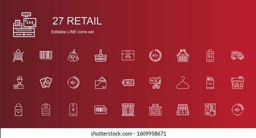retail icons set. Collection of retail with stores, shopping basket, store, bars code, tag, trolley, shopping bag, hanger, discount, wallet. Editable and scalable retail icons.