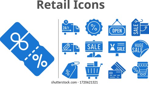 retail icons set. included online shop, shopping bag, sale, price tag, shopping cart, discount, credit card, delivery truck, open icons. filled styles.