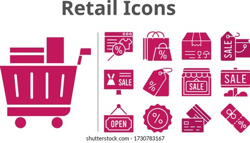 retail icons set. included online shop, shopping bag, sale, package, shop, price tag, shopping cart, discount, credit card, open icons. filled styles.