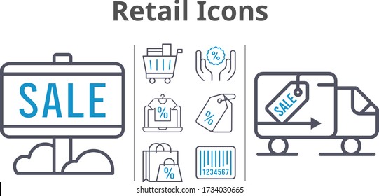 retail icons set. included online shop, shopping bag, sale, price tag, shopping cart, discount, delivery truck, barcode icons. bicolor styles.