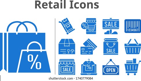 retail icons set. included online shop, shopping bag, sale, package, shop, shopping cart, shopping-basket, credit card, barcode, open, trolley icons. filled styles.