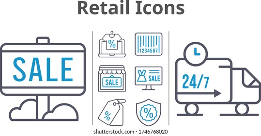 retail icons set. included online shop, sale, shop, price tag, warranty, delivery truck, barcode icons. bicolor styles.