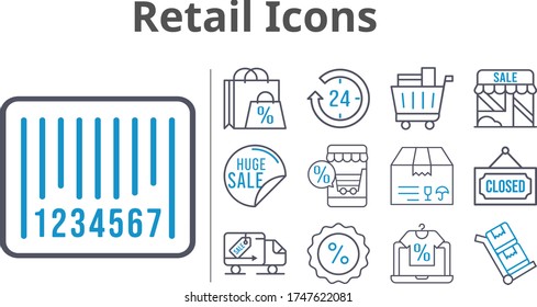 retail icons set. included online shop, shopping bag, 24-hours, sale, shop, package, shopping cart, discount, closed, delivery truck, barcode, trolley icons. bicolor styles.