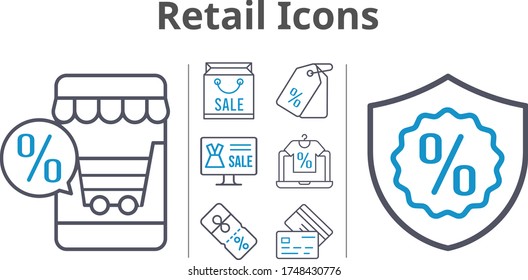 retail icons set. included online shop, shopping bag, price tag, discount, warranty, credit card icons. bicolor styles.