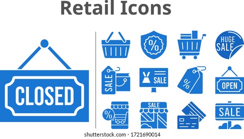 retail icons set. included shopping bag, online shop, sale, shop, price tag, shopping cart, closed, warranty, shopping-basket, credit card, open icons. filled styles.