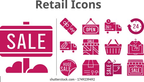 retail icons set. included shopping bag, online shop, sale, 24-hours, package, shop, discount, shopping-basket, delivery truck, open icons. filled styles.