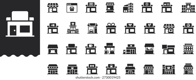 Einzelhandel Icons Set Vektorgrafik mit Sammlung Shop Mall Shop Mall Schaufenster E-Commerce Verkauf Discount Supermarkt Lebensmittelgeschäft Geschenk Mall Haustier Tankstelle Apotheke Kaffee Boutique