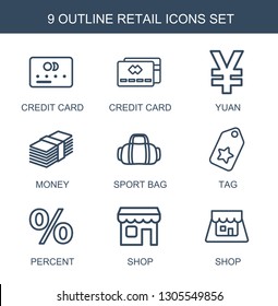 retail icons. Trendy 9 retail icons. Contain icons such as credit card, yuan, money, sport bag, tag, percent, shop. retail icon for web and mobile.