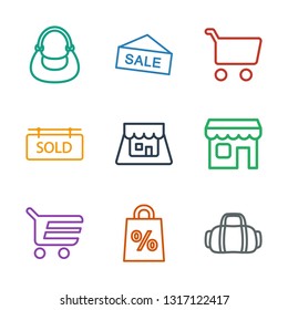 retail icons. Trendy 9 retail icons. Contain icons such as sport bag, shopping sale, shopping cart, shop, sold tag, sale, bag. retail icon for web and mobile.