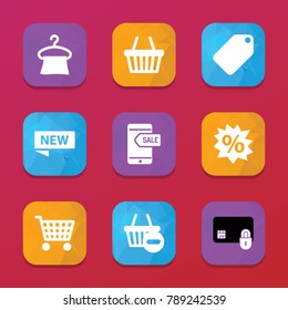 Retail icons. vector collection filled retail icons set.. includes symbols such as hanger, credit card security, sale message on phone, new. use for web, mobile and ui design.
