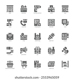 Retail Industry icon pack for your website, mobile, presentation, and logo design. Retail Industry icon glyph design. Vector graphics illustration and editable stroke.