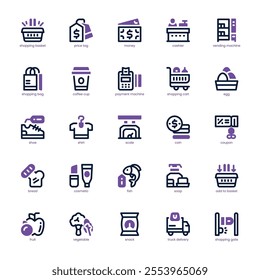 Retail Industry icon pack for your website, mobile, presentation, and logo design. Retail Industry icon dual tone design. Vector graphics illustration and editable stroke.