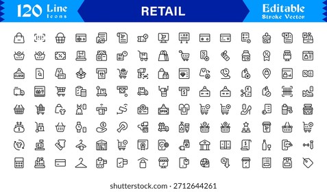 Conjunto de iconos de línea de la industria minorista con diseño minimalista moderno profesional, colección de iconos de contorno de Vector único para negocios, comercio, compras y ventas, paquete de calidad premium