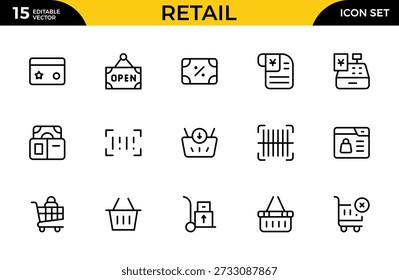 Conjunto de iconos de línea de la industria minorista: Colección de iconos de contorno minimalistas modernos de Profesional para negocios, comercio, compras y ventas, Ilustración vectorial de calidad de Premium