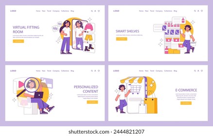 Retail Innovation set. Virtual fitting, smart shelves, personalized content, and e-commerce integration. Retail technology for an enhanced shopping experience. Vector illustration