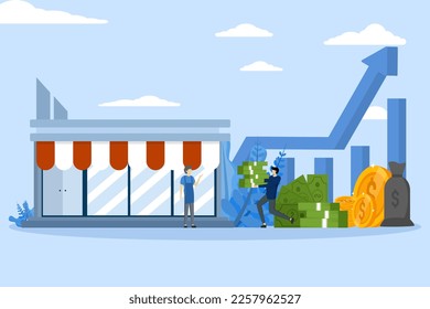 retail investment concept,small business retail store trade growth and change currency with goods,business development marketing investment,banner design vector illustration