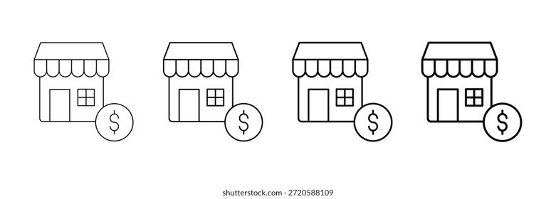 Conjunto de Vectores de iconos de quiosco comercial en estilo de línea de trazo diferente
