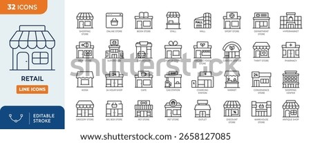 Retail line editable icon set. Retail Store icon set. Editable stroke. Vector illustration