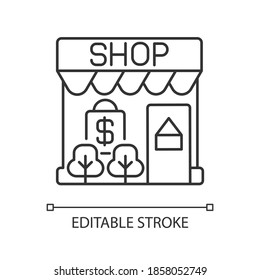 Icono lineal de venta al por menor. Compra. Pequeña empresa. Comercio al por mayor. Estrategia de marketing. Vendiendo mercadería. Ilustración personalizable de línea delgada. Símbolo de contorno. Dibujo de contorno aislado del vector. Trazo editable