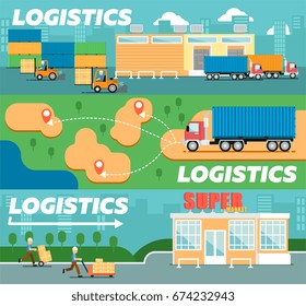 Retail logistics and distribution poster. Freight trucking service, warehousing and storage management. Goods delivery infographics, cargo shipping business vector illustration in flat style.