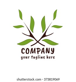 Retail logo. Flat emblem, logotype element for shop, store, market. Minimalistic stylish logotype with branch, leaves. Element for design, on white background. Olive green, brown color 