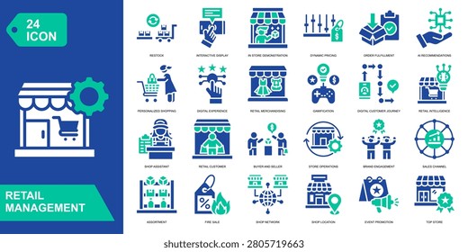 Retail Management icon collection set. Restock,Interactive Display,In Store Demonstration,Dynamic Pricing. Glyph Color vector icons