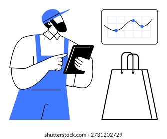 Gestão de varejo, rastreamento de vendas, dados de comércio eletrônico, análise de negócios, gerenciamento de estoque, comportamento do cliente. Trabalhador com tablet, gráfico e saco de compras. Gerenciamento de varejo e rastreamento de vendas