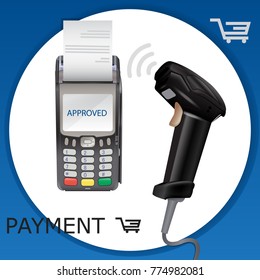 Retail manual handheld laser barcode scanner and pos terminal. Vector Illustration.