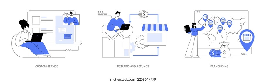 Retail market abstract concept vector illustration set. Custom service, returns and refunds, franchising, website live chat, user experience, online shopping, return goods abstract metaphor.