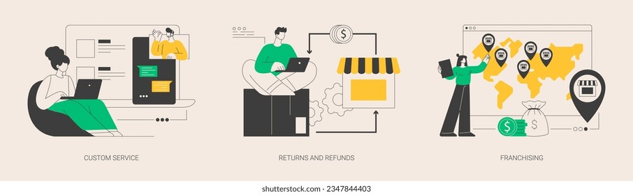 Retail market abstract concept vector illustration set. Custom service, returns and refunds, franchising, website live chat, user experience, online shopping, return goods abstract metaphor.