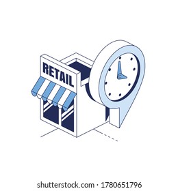 Retail market time pin map. Vector 3d line isometric, color web icons set, new flat style. Creative illustration, idea for infographics.