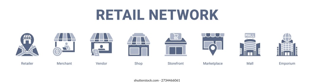 Retail Network web banner icon vector illustration concept , with icon of Retailer, Merchant, Vendor, Shop, Storefront, Marketplace.