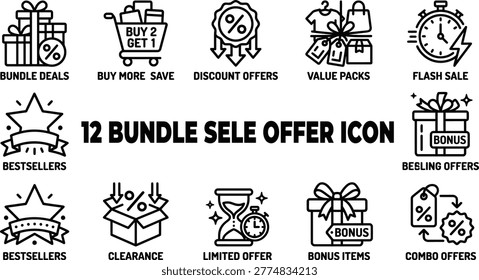 Retail offer icons set featuring bundle deals discount packs and value offers.