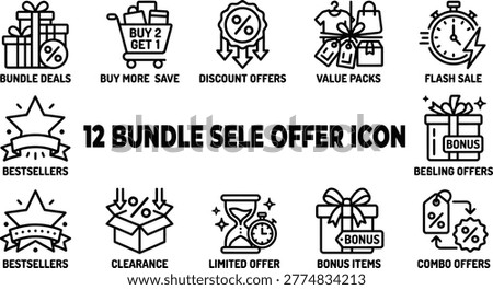 Retail offer icons set featuring bundle deals discount packs and value offers.