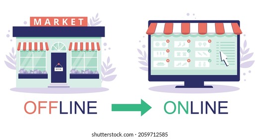 Retail offline to online or o2o conversion. Advantages of online shopping and successful e-commerce online accessible store, flat vector illustration.