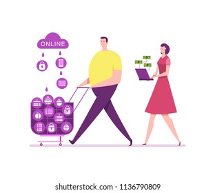 Retail And Online Shopping. Young Couple Shopping Vector Cartoon Flat Illustration. E-commerce Concept Illustration.