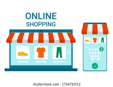 Retail to online. Smartphone and laptop app for shopping goods with delivery at home. Shopping cart for buyer with clothes and shoes. Internet purchase. E-commerce on computer and smartphone. Vector