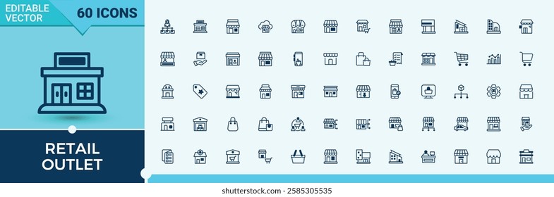 Retail Outlet icons set. Contains related to service, market, money, trolley, retail, tag, product, art. Minimal icons. Solid line editable stroke.