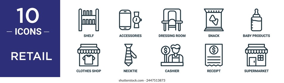 retail outline icon set includes thin line shelf, accessories, dressing room, snack, baby products, clothes shop, necktie icons for report, presentation, diagram, web design