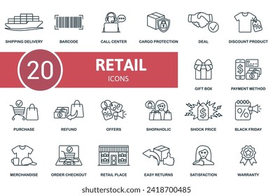 Retail outline icons set. Creative icons: shipping delivery, barcode, call center, cargo protection, deal, discount product, gift box, payment method and more