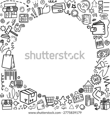 A retail pattern frame of shopping and e-commerce icons with central copy space featuring basket cart and payment doodles.