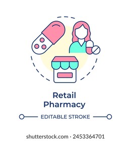 Icono de concepto multicolor de farmacia minorista. Sistema sanitario. Servicios de Asistencia del paciente. Ilustración de línea de forma redonda. Abstractas idea. Diseño gráfico. Fácil de usar en infografía, artículo