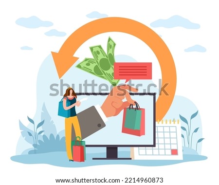 Retail process, exchange of goods for finance, cancellation of transaction using receipt and warranty card. Shopping process, tiny woman buying products in online shop. Vector concept