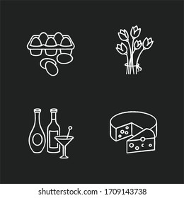 Retail products chalk white icons set on black background. Fresh chicken eggs in tray. Flower bouquet. Alcoholic beverages. Wine in bottles, spirits in glass. Isolated vector chalkboard illustrations