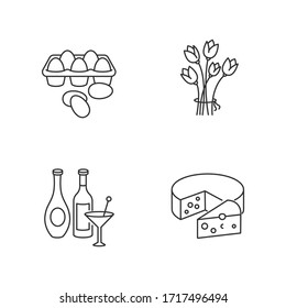 Retail products pixel perfect linear icons set. Fresh chicken eggs in tray. Alcoholic beverages. Customizable thin line contour symbols. Isolated vector outline illustrations. Editable stroke