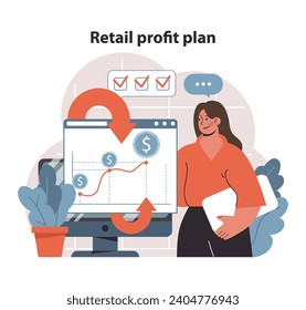 Concepto de Plan de Beneficio Minorista. Una estrategia integral que muestra las tendencias de beneficios y la salud financiera en el comercio minorista. Esencial para alcanzar los objetivos empresariales y maximizar los ingresos. Ilustración vectorial plana.