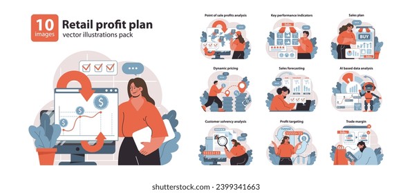 Retail Profit Plan set. Detailed analysis and strategic planning in sales and finance. Managing performance, pricing, and margins. Comprehensive business strategy visualization. Flat vector.