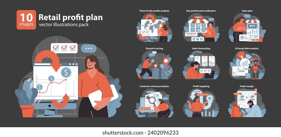 Retail Profit Plan set. Detailed analysis and strategic planning in sales and finance. Managing performance, pricing, and margins. Comprehensive business strategy visualization. Flat vector.