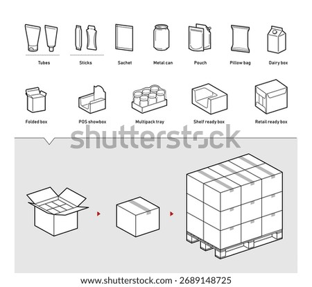 Retail ready and transport packaging set icons. The outline icons are well scalable and editable. Contrasting elements are good for different backgrounds. EPS10.